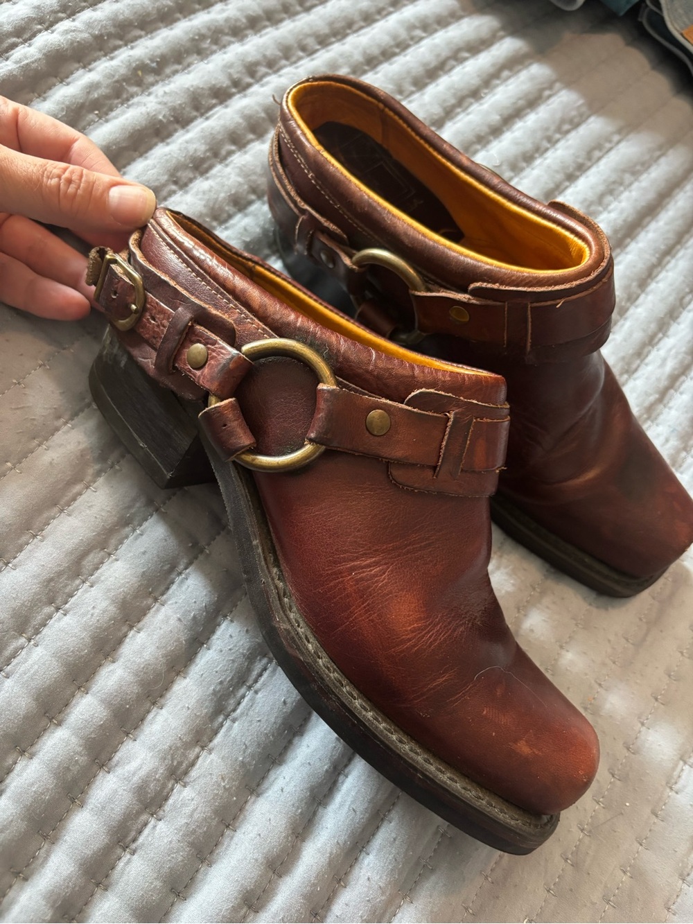 Frye Belted Harness Square Toe Brown Leather Mules Shoe Boot Brass Ring 6.5